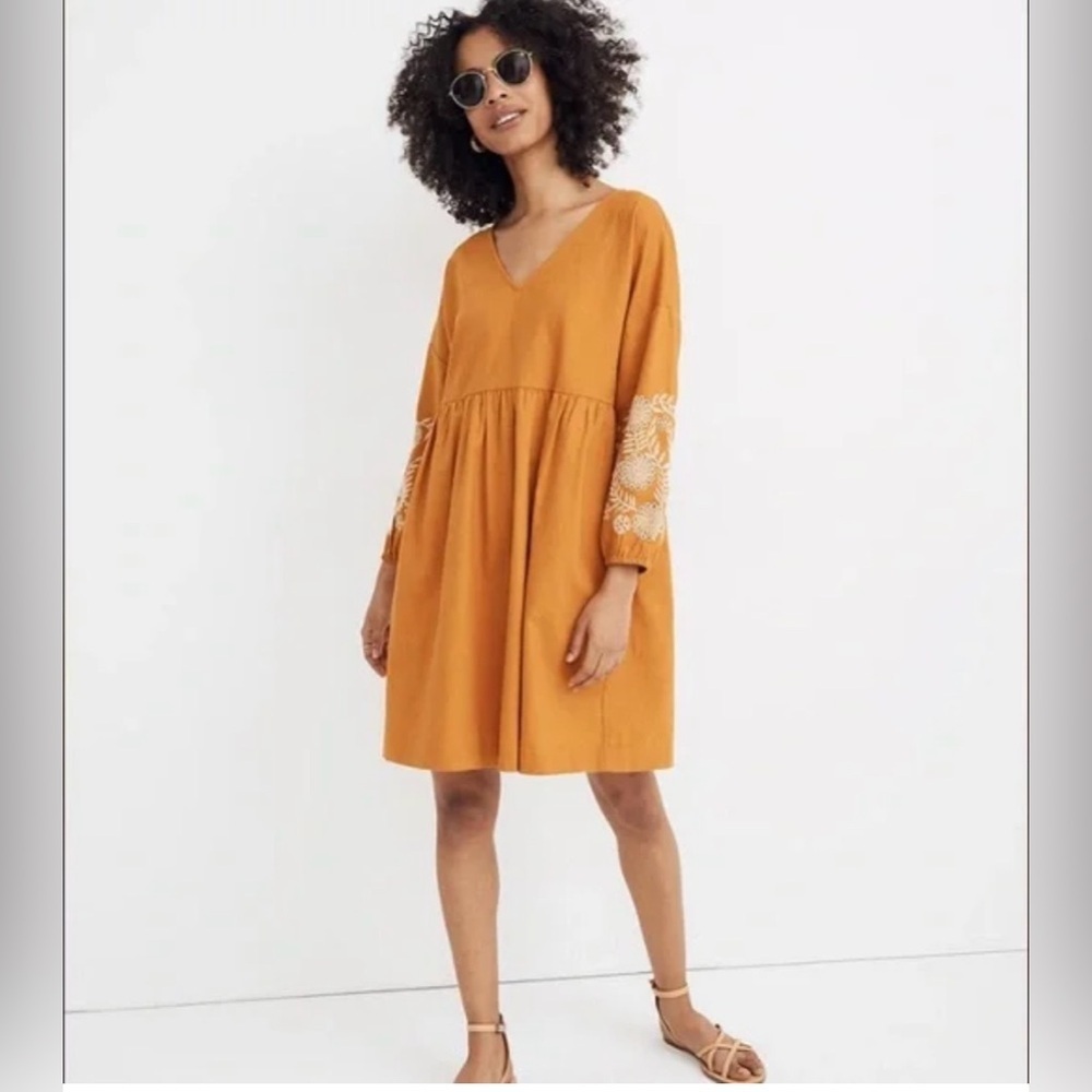 Madewell Womens Mustard Embroidered-Sleeve
Popover Dress Size XS